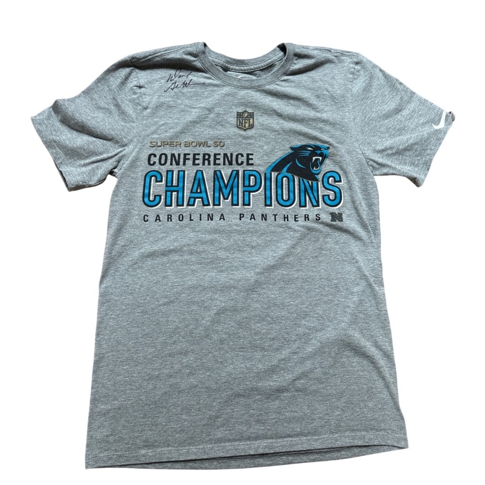 Nike T-Shirt Womens Gray Good Carolina Panthers Super Bowl 50 Champions SIZE S